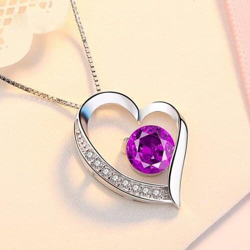 Simple Purple White Zircon Heart Pendants Necklaces for Wedding Bridal Statement Necklace Jewelry