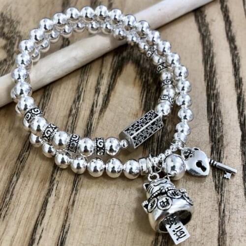 Handmade 925 Silver Wealthy Cat Beads Bracelet Sterling Beads Good Luck Bracelet Silver Beads Wrap Bracelet