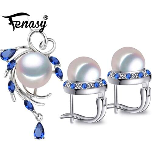 FENASY 925 Sterling Silver Necklace Natural Pearl Jewelry Sets For Women Bohemian Stud Earrings Sapphire Pendant