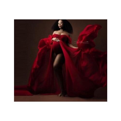 Sexy Red Photo Shoot Dresses For Pregnancy Women With Bodysuit Cutom Made Strapless Chiffon Long Train Maternity Gown