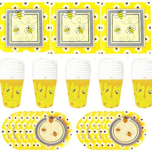 Happy Birthday Party Bee Theme Plates Kids Boys Favors Cups Napkins Baby Shower Decorate towel Dishes 60pcs/lot