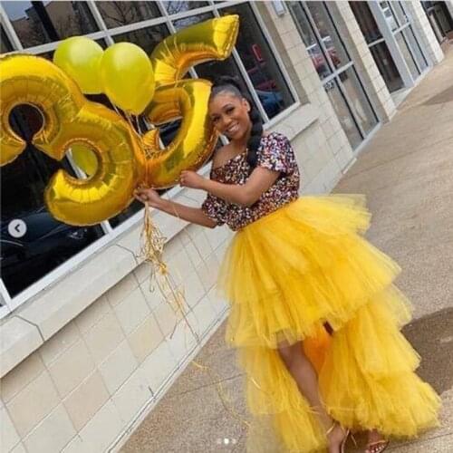 Fashion 2020 Yellow Hi Low Tiered Tulle Formal Party Skirts Women Ruffle Extra Puffy Asymmetrical Zipper Style Skirt Custom Made