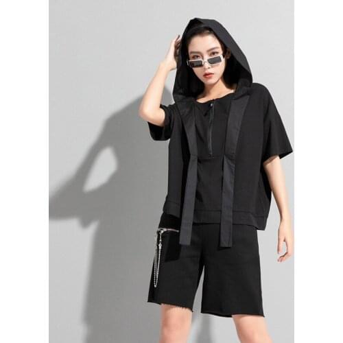 Ladies summer street fashion brand personality splice streamer hooded loose T shirt new fashion short-sleeved shirt