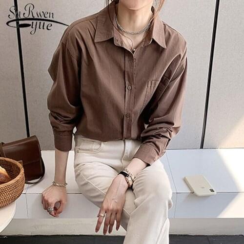 Womens shirt autumn solid color loose top Korean clothes Female niche simple long sleeve single breasted bottoming shirt 11878