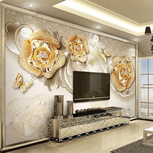 Custom Modern 3D Stereo European Style Golden Flower Wall Cloth Living Room TV Background Wall Home Decor Mural 3D Wall Paper