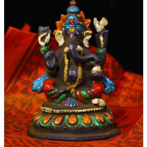 4"Tibet Temple Collection Old Bronze Tracing Four arms Elephant Trunk God of Wealth Sitting Buddha amulet Town House Exorcism