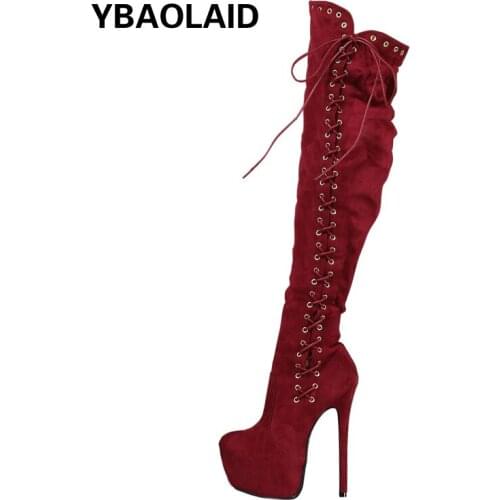 Burgundy Waterproof Platform Side Cross-lace Ultra-high Heel Knee-length Boots New Round Toe Fashion Boots for Autumn and Winter