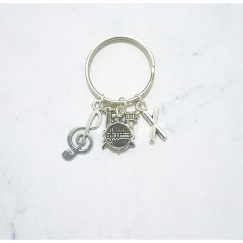 Music Notes Keyring, Drum Keychain, Personalised Music Gift, Initial Charm, Musician Gift, Musical Instrument Key Chain