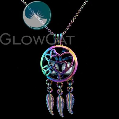 C763 Rainbow Dream Catcher Heart Arrow Beads Cage Essential Oil Diffuser Pearl Cage Locket Necklace Girl Friend Lovers