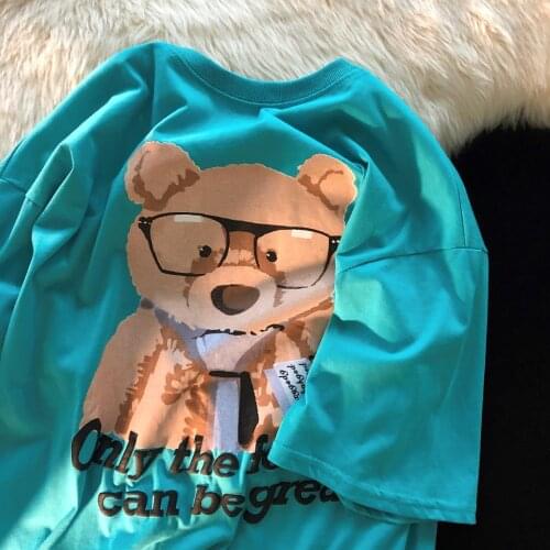 Cotton Korean Version with Glasses Bear half-sleeve Harajuku Style Short-sleeved T-shirt for Men and Women Couples