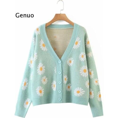 Autumn New Knit Female Cardigan Loose Streetwear Knit Sweater Coat Lazy V-Neck Floral Knitted Cardigan Women Jacket