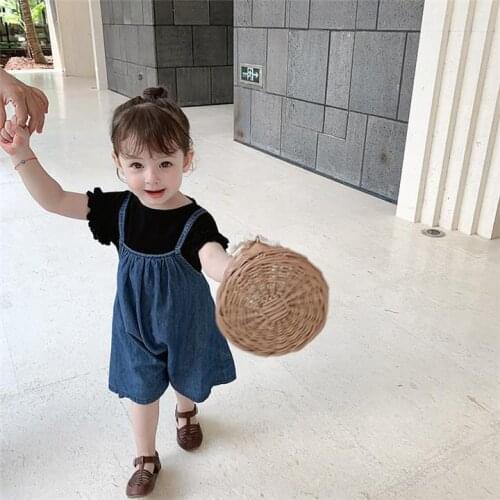 Korean Girl Denim Suspender Dresses 2021 Summer New Cute Baby Girls Sets Cotton Dress Children Big Swing Denim Sling Pants
