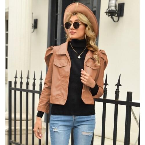 Short design autumn women fashion slim single breasted puff sleeve water wash soft pu casual jacket