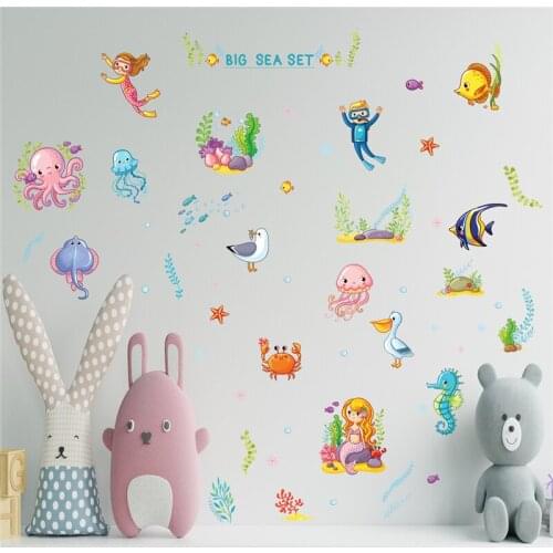 Cartoon Seafloor Animals Wall Stickers for Kids Room Decoration Decals Nursery Mural Home Decor Self-adhesive Wallpaper