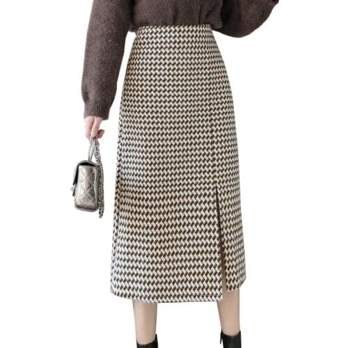 LUKAXSIKAX 2020 New Autumn Winter Women High Waist Slim Long Skirt High Quality Vintage Houndstooth Split Hem Woolen Skirt