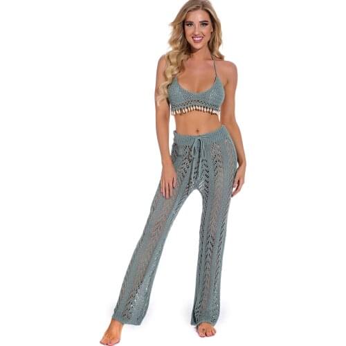 H80&S90 New Women Beachwear Knitted Hollow Out Pants See Through Mesh Crochet Flare Swimwear Sexy Bodycon Party Trouser Clubwear