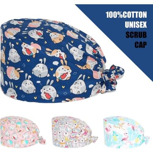 Wholesale Scrubs Cap Cotton Adjustable Lab Health Nursing Hat Rabbit Print Pet Working Hats Health Service Staff Surgicals Caps