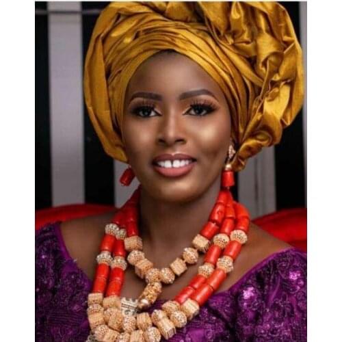 Luxury 3 Layers Real Coral and Gold Nigerian Wedding African Beads Jewelry Set Women Coral Bridal Party Jewelry Set CNR002