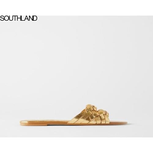 SOUTHLAND Golden Woven Slippers Women Summer 2020 Flat Heels Beach Casual Slides Shoes Woman Outdoor Sandals Flip Flops Muter