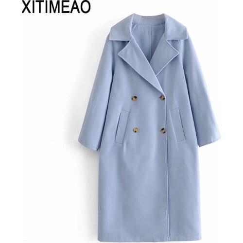 ZA Women 2020 Fashion Double Breasted Loose Woolen Coat Vintage Long Sleeve Side Pockets Female Outerwear Chic Overcoat