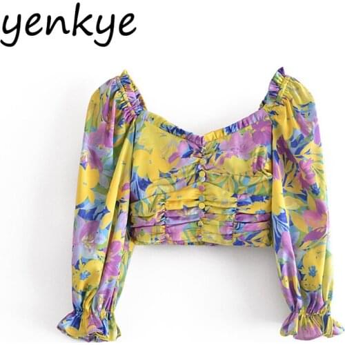 YENKYE Vintage Multicolor Print Pleats Crop Top Women Sexy V Neck Puff Sleeve Holiday Boho Summer Tops Fashion blusas