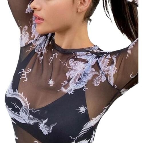 DEWADBOW 2021 Sexy Women Animal Printed T-shirts See Through Transparent Mesh O Neck Long Sleeve Shirt Ladies Tops Tee Plus Size