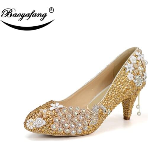 BaoYaFang 2018 New arrive Gold crystal Peacock wedding shoes women 6cm Med heels shoes Ladies Pointed Toe party dress shoes