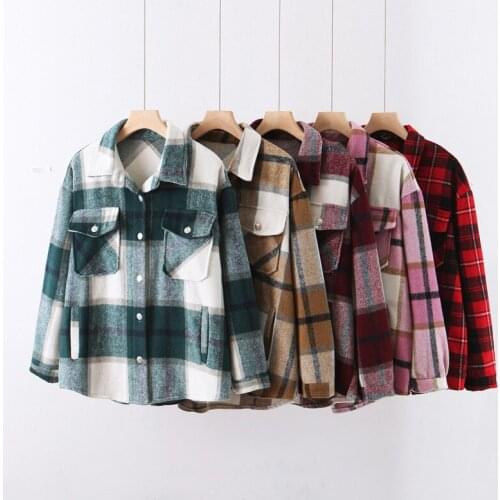 Autumn New Pop Womens European And American Style Lapel Long-sleeved Cardigan Breasted Breast Pocket Loose Plaid Shirt Women