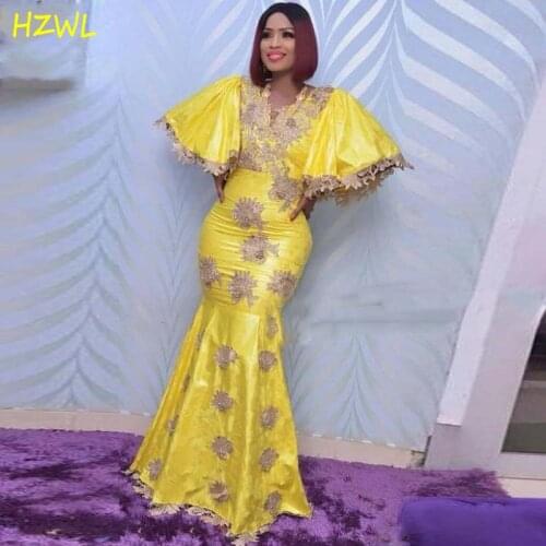 Dubai African Yellow Mermaid Evening Dresses Aso Ebi V Neck Appliques Lace Plus Size Prom Dress Dubai Women Dress robe de soiree