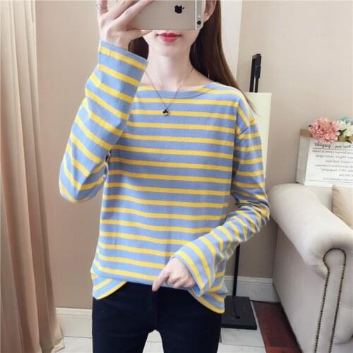 2019 autumn new womens striped long-sleeved T-shirt female loose casual fashion trend sexy cute bottoming shirt women