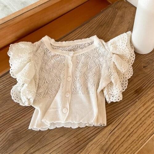 2021 Summer Korean Style Baby Girls Knitted Hollow Out Cardigan Toddlers Kids Lace Ruffles Thin Sweaters Princess Tops