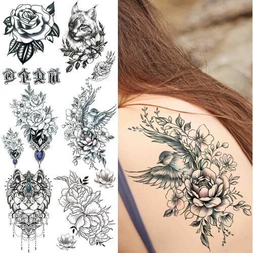 Watercolor Bird Flower Temporary Tattoos For Women Adults Realistic Rose Jewelry Pendant Cat Fake Tattoo Sticker Washable Tatoos
