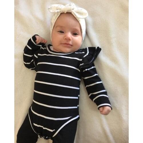 Newborn Infant Baby Boy Girls angle long sleeve o-neck striped Bodysuit cotton Clothes Outfits US STOCK 0-18 M white black
