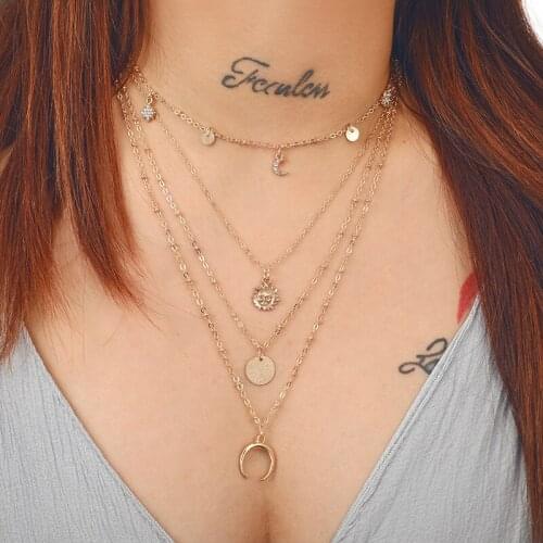 Bohemian Multi Layered Moon Bell Round Pendant Necklace for Women Fashion Geometric Necklace Women Choker 2021 Jewelry