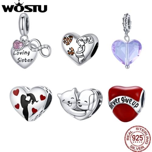 WOSTU Hot Sale 925 Sterling Silver Heart Charm Dangle Mum Beads fit Original Charm Bracelet Bangle Jewelry Making DIY Gift
