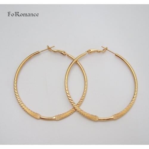 Foromance Woman Girl Plain Bar With Carved Lines Round Shaped Yellow Gold Color Hoop Earring Dia 50mm Great Gift Best Decoration