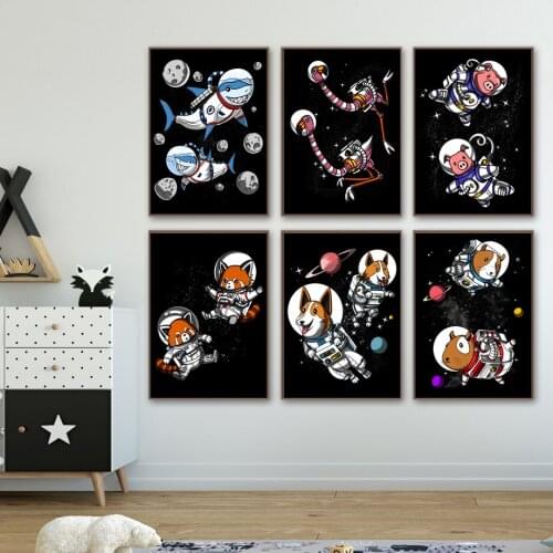 Shark flamingo Dog Raccoon Marmot Pig Space Astronaut Wall Art Print Canvas Painting Nordic Poster Wall Pictures Kids Room Decor