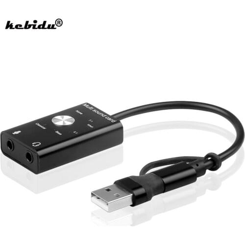 Kebidu USB 2.0 Type-C to 3.5mm Jack 7.1/5.1 External Sound Card Headphone Microphone Audio Adapter for Windows Mac Linux Android
