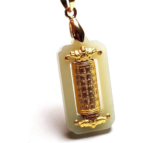 Koraba Fine Jewelry 24K Gold Thailand Scripture Wishing Rotation Pendant White Jade with Silver Chain Necklace Gifts