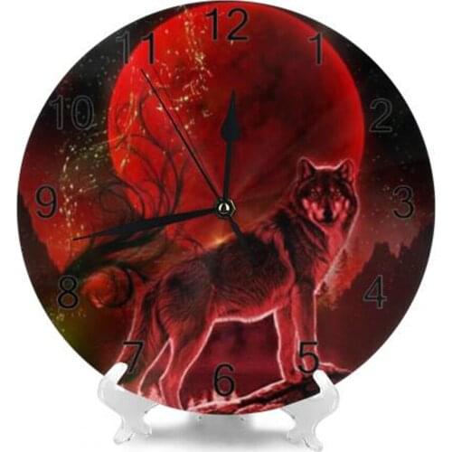 Wolf Round Wall Decor Clocks Numeral Digital Dial Mute No Ticking Sound Battery Operated Kitchen Clocks for Childrens Playroom