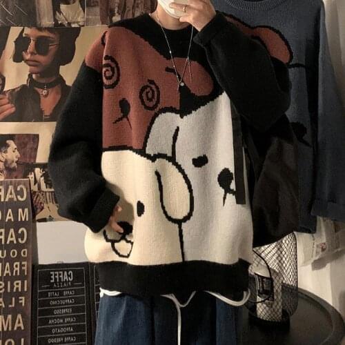 Korean Fashion Men Pullover Fashion O-neck Cartoon Print Cotton Clothes Autumn Winter Thick Warm Hip Hop Knitted Sweaters Men