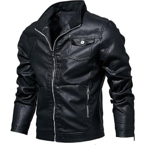 2019 Men Autumn Winter PU Leather Jackets Military Bomber Motorcycle Leather Jacket for Men Zipper Business Casual Windbreaker-E