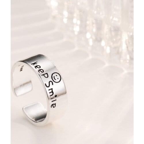 Real 925 Sterling Silver Letter Keep Smile Rings Retro Open Rings For Women Girlfriend Gifts