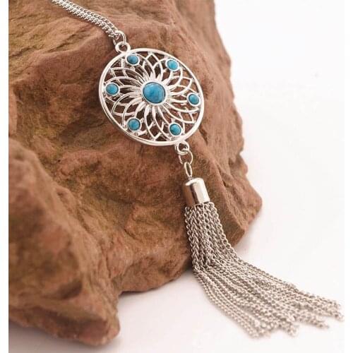 Fancy Vintage Style Flower shape Necklace Love Round Hollow Carved blue stone Antique Fan Tassel Pendant Necklace for woman
