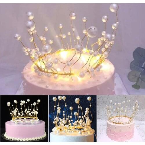Plastic Artificial Pearl Princess Crown Headdress Cake Topper Wedding Party Cake Flags Birthday Cake Decoration Cupcake Toppers