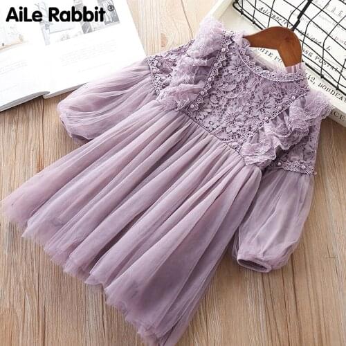 Girl Dresses Lantern Sleeve Princess Party Princess 2019 Spring Kids Lace Children Dress With Pearls Purple And White 3-7T