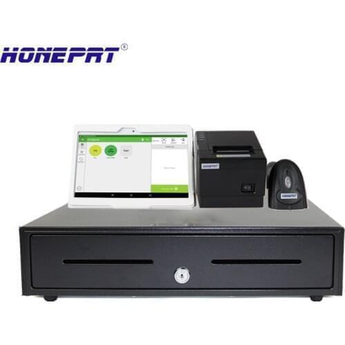 Free shipping POS systems for store sells with cash drawer and 10inch android PC Thermal Printer 1D Bluetooth Barcode scanner