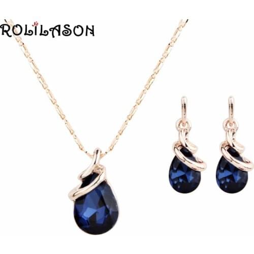 ROLILASON Navy Blue Crystal Zircon Rose Gold Set Spring Carnival Pendant Necklace Earrings Charming Womens Day Gift JS822