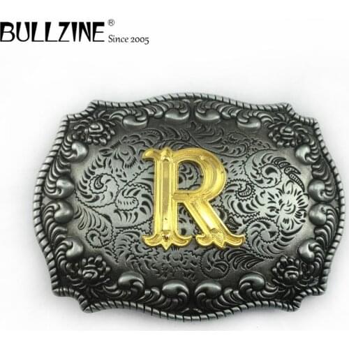 The Bullzine letter R belt buckle with pewter and gold finish FP-03687-R suitable for 4cm width belt