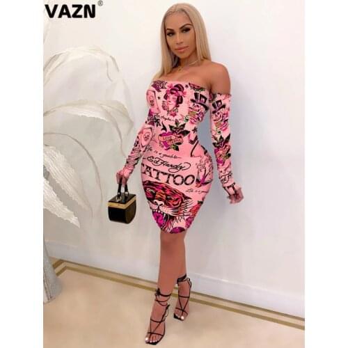 VAZN 2021 Spring Sexy Night Club Young Little Chap Soft Elastic Strapless Full Sleeve Women High Waist Thin Mini Dress